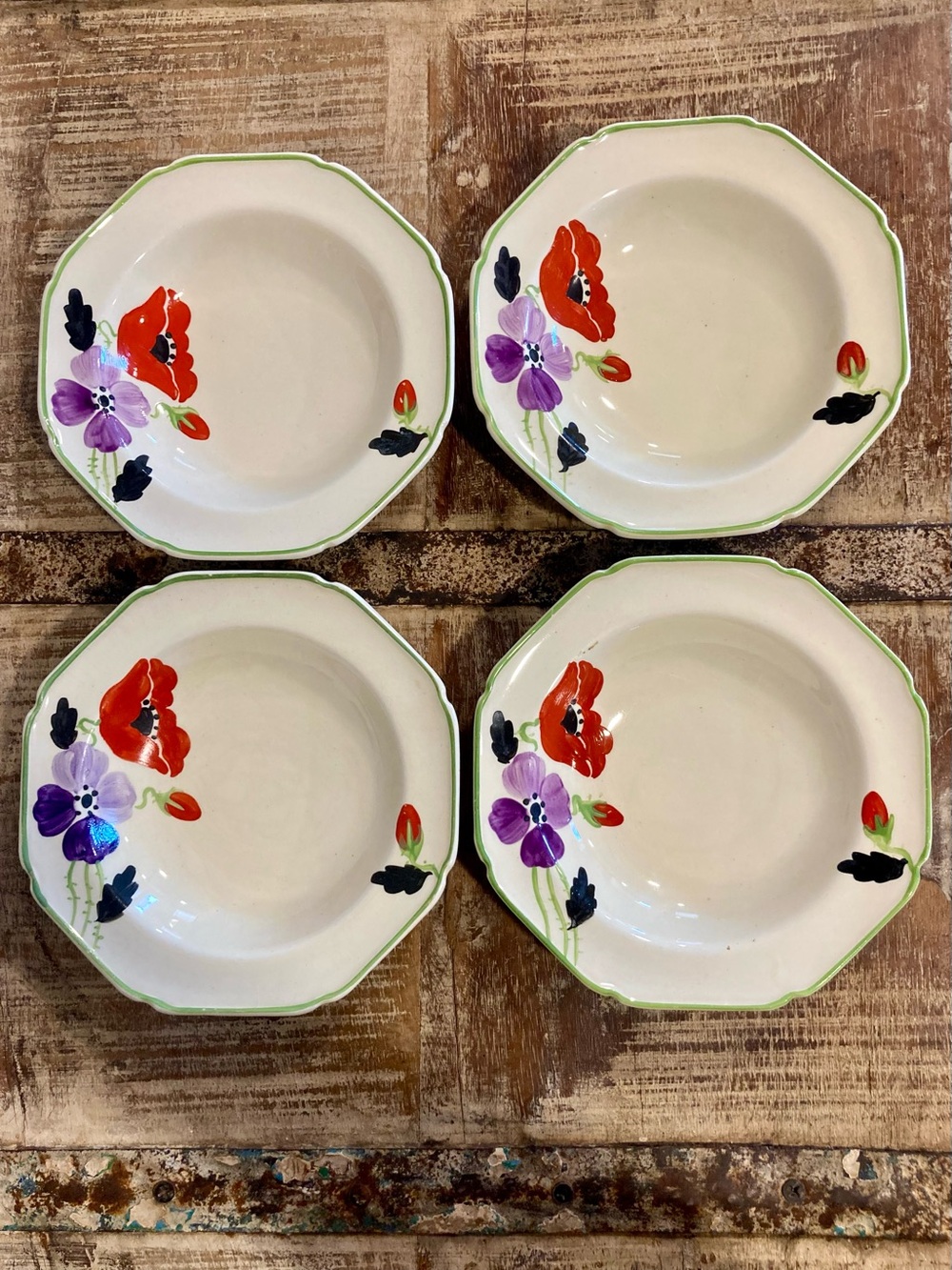 4 Hand-Painted Floral Ceramic Dessert Bowls Purple & Red Flowers Made In England